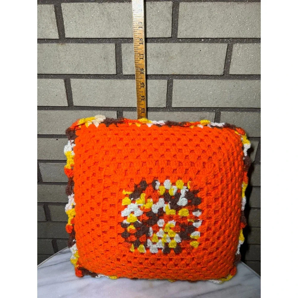 Vintage Handmade Crochet Granny Square Throw Pillow Orange Retro 70s Boho Decor